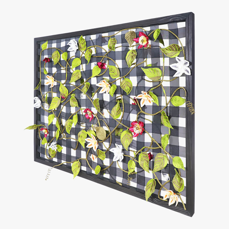 Decorative wall art with floral patterns on a checkered background
