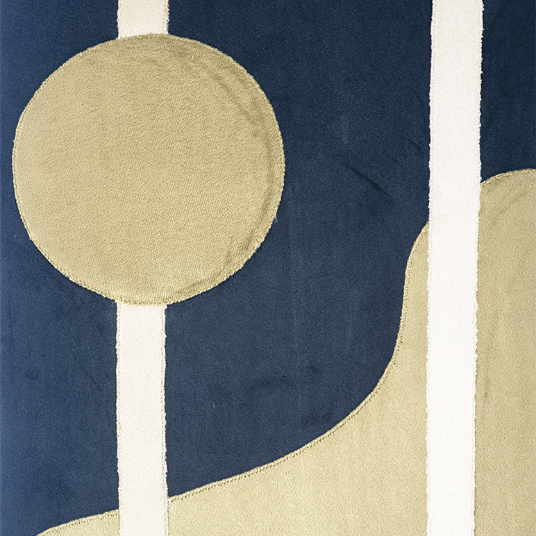 Geometric patterned rug with circular and rectangular shapes in blue and beige.