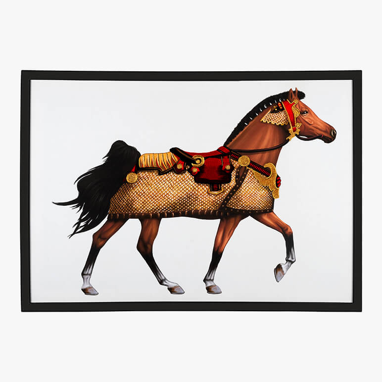 Framed galloping horse textile artwork on white background with black frame