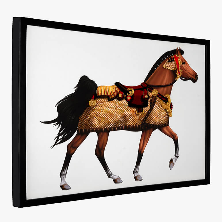 Side angle view of a framed textile artwork of a detailed horse on a white background