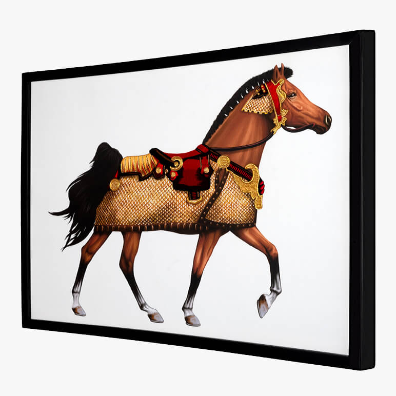Side angle view of a decorative galloping horse textile wall artwork