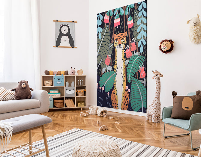 Children's room with colorful wall tapestry, shelves, and toys.
