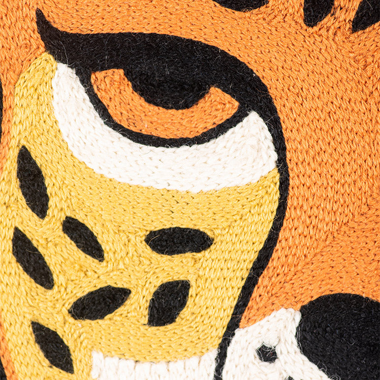 close-up of an embroidered textile wall art showing a cheetah&