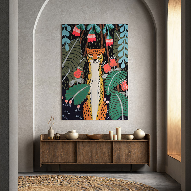 Decorative artwork depicting a cheetah in forest amidst foliage and flowers