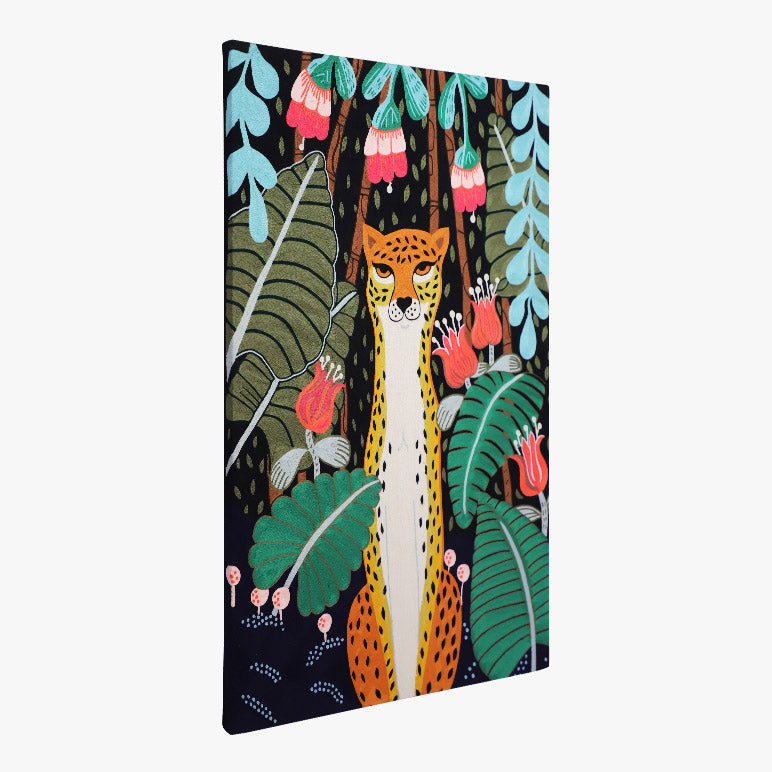 angled view of an embroidered wall art showcasing a cheetah sitting amidst tropical jungle foliage and flowers