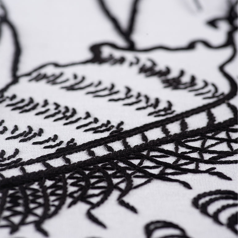 Close-up of a black embroidered design on white fabric