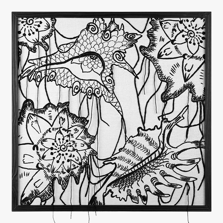 Black and white floral and leaf design on a white background