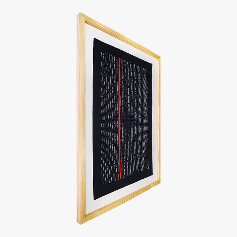 Framed artwork with a black background and red line, white border, and wooden frame.