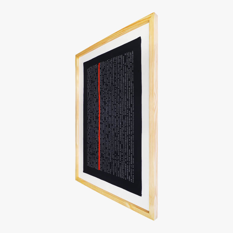 Framed artwork with text and a red line on a white background