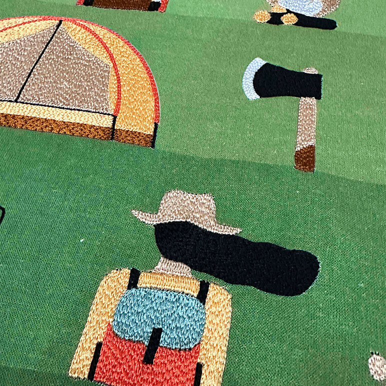 Illustration of a person with a backpack and hat, a tent, and an axe on a green background