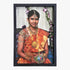Framed portrait of a woman in traditional attire with jewelry against a floral background