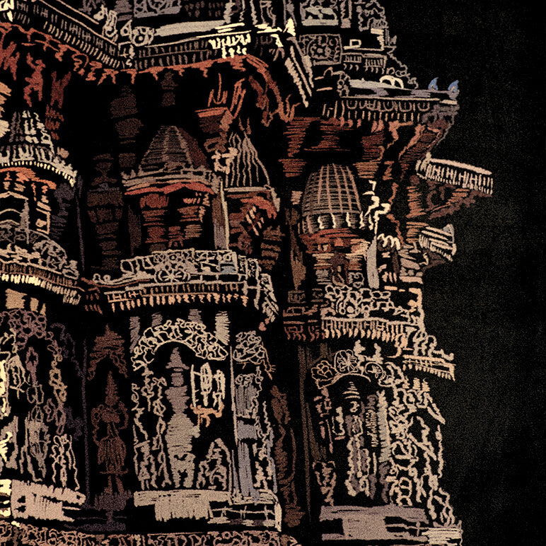 Decorative fabric with intricate patterns and textures on a black background