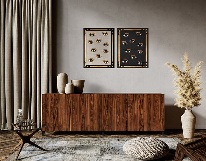 Modern living room with wooden sideboard, decorative vases, and wall art.