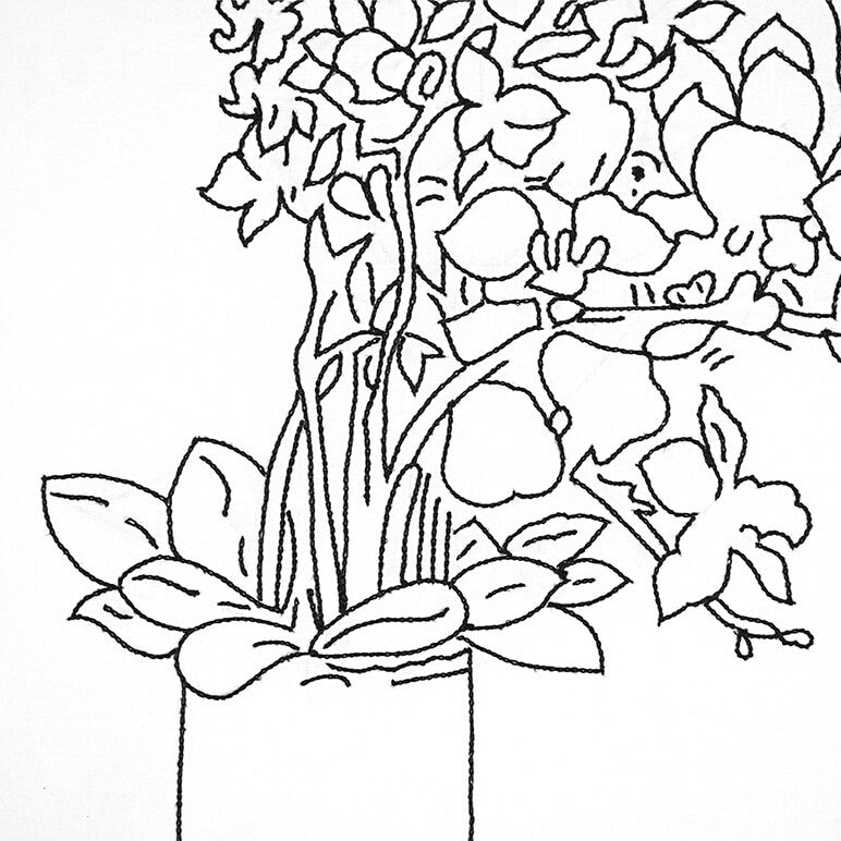 Black and white line drawing of a potted plant with flowers