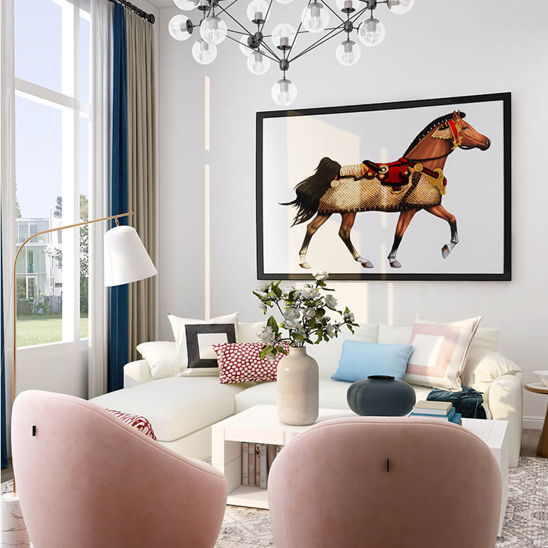 Living room with a horse painting on the wall, pink chairs, and a white sofa.
