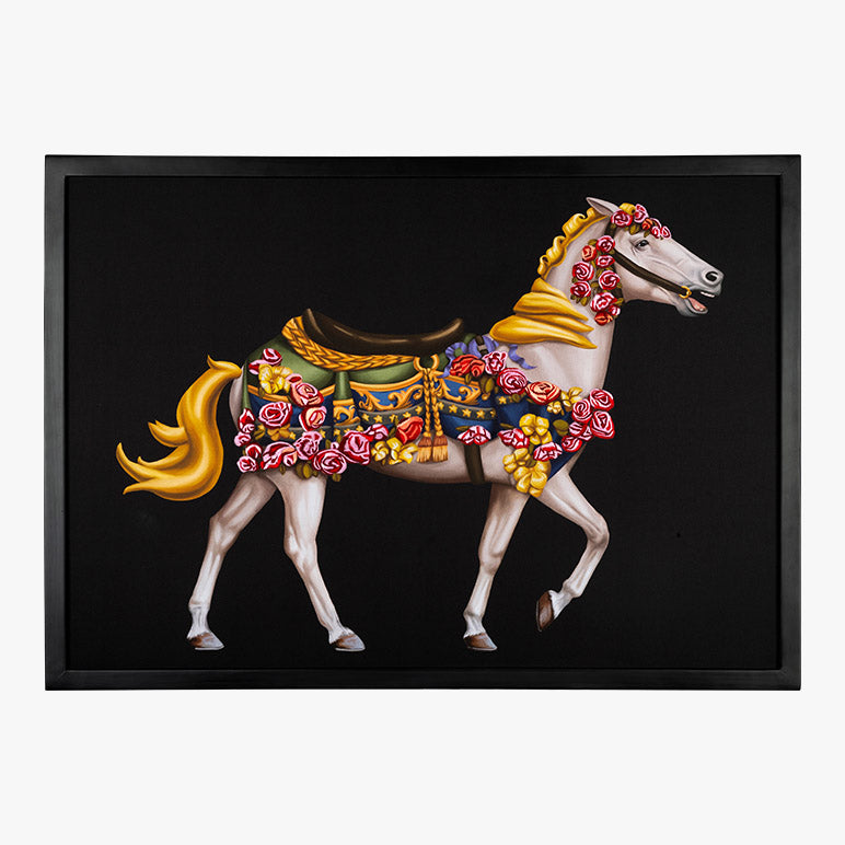 Decorative horse figure with floral and gold accents on a black background