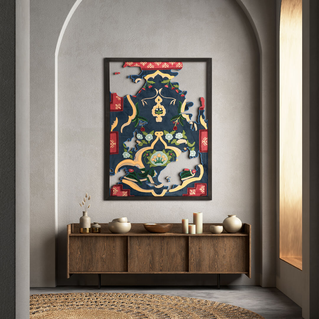 Decorative wall art above a wooden console table in a room with a neutral color scheme.