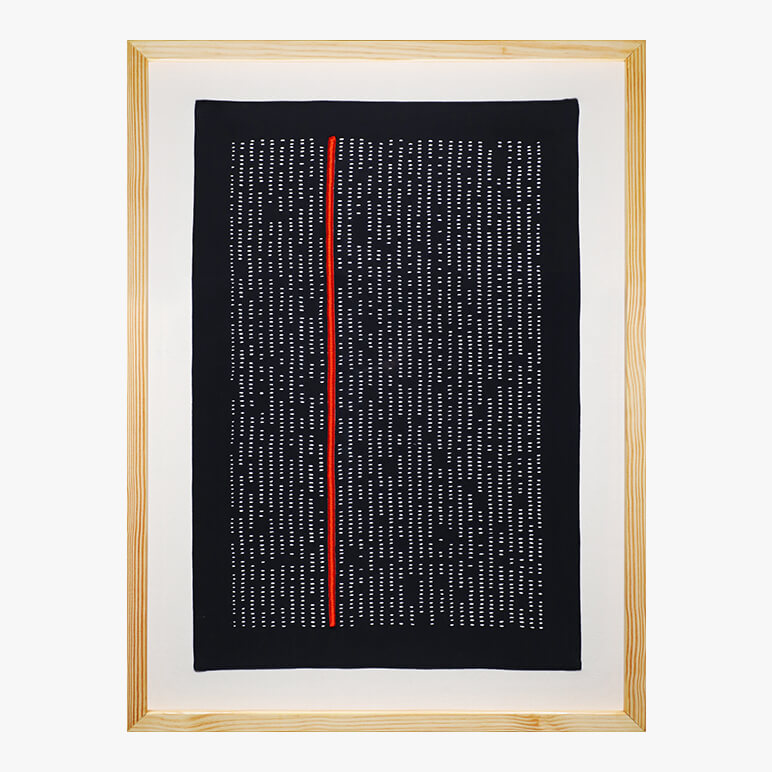 Framed artwork with black background, white text, and a red line on a white background