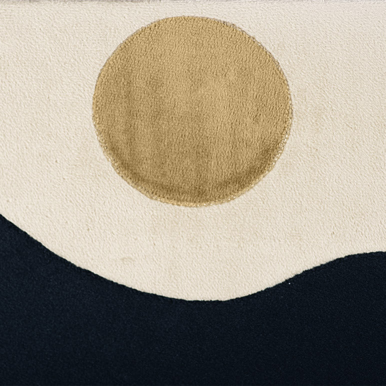 Close-up of a rug with a beige circle on a white background