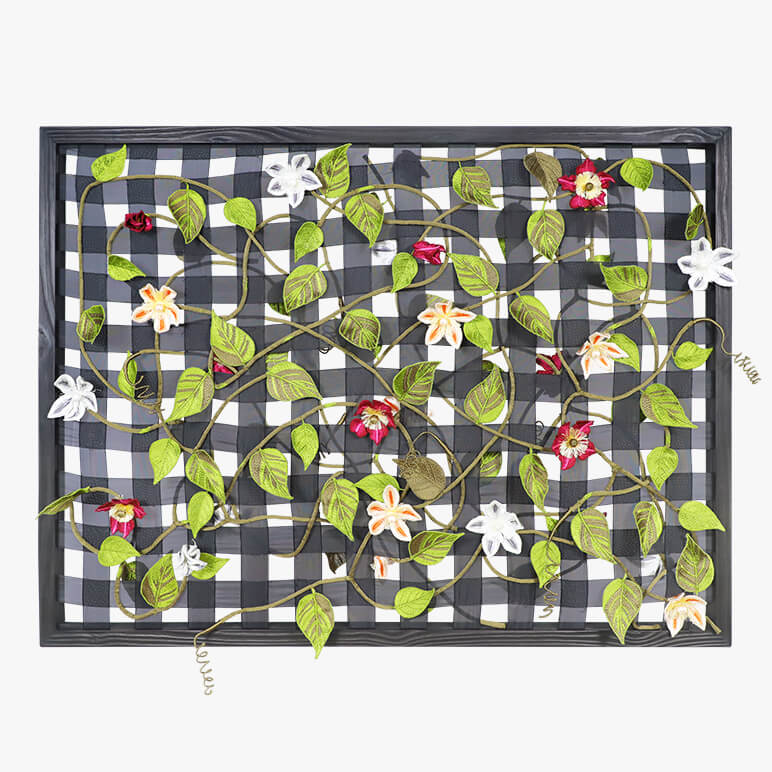 Decorative mat with floral and leaf pattern on a checkered background