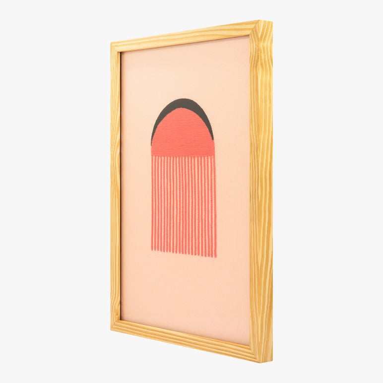 Framed artwork with a pink background and red arch shape on a white background