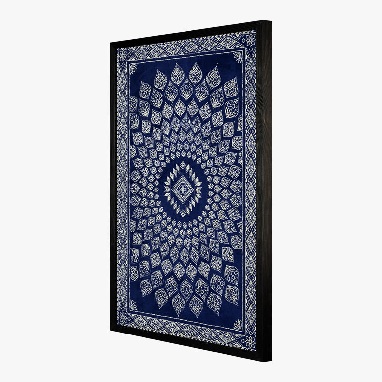 Decorative wall tapestry with blue and white pattern on a plain background