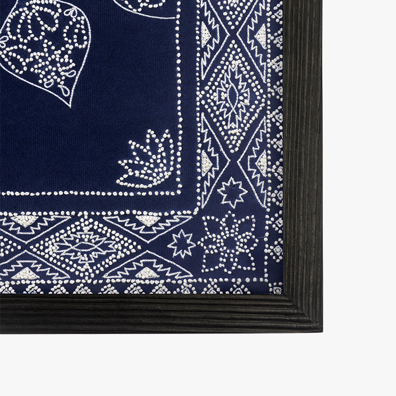 Navy blue bandana with white patterns on a black frame