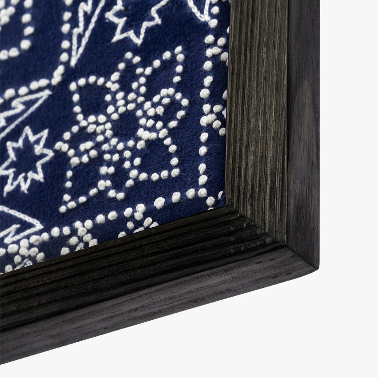 Framed textile with star pattern on a blue background