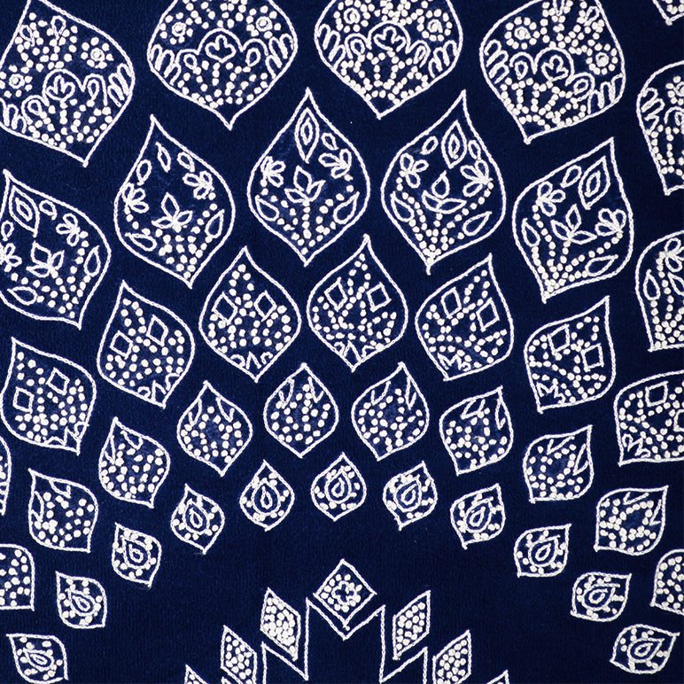 White floral patterns on a navy blue background
