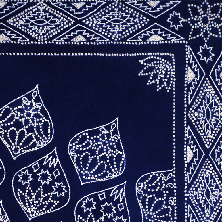 Navy blue bandana with white geometric patterns