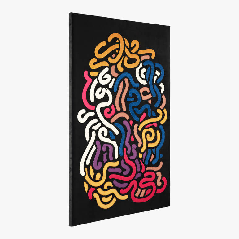 Colorful abstract textile wall art seen from the left side view