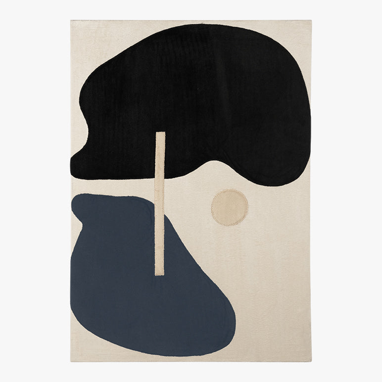 Abstract art piece with black, blue, and beige shapes on a beige background