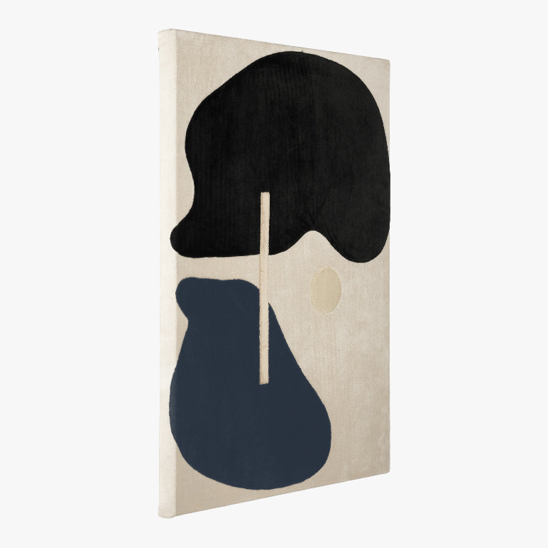 Abstract art piece with black and blue shapes on a beige background