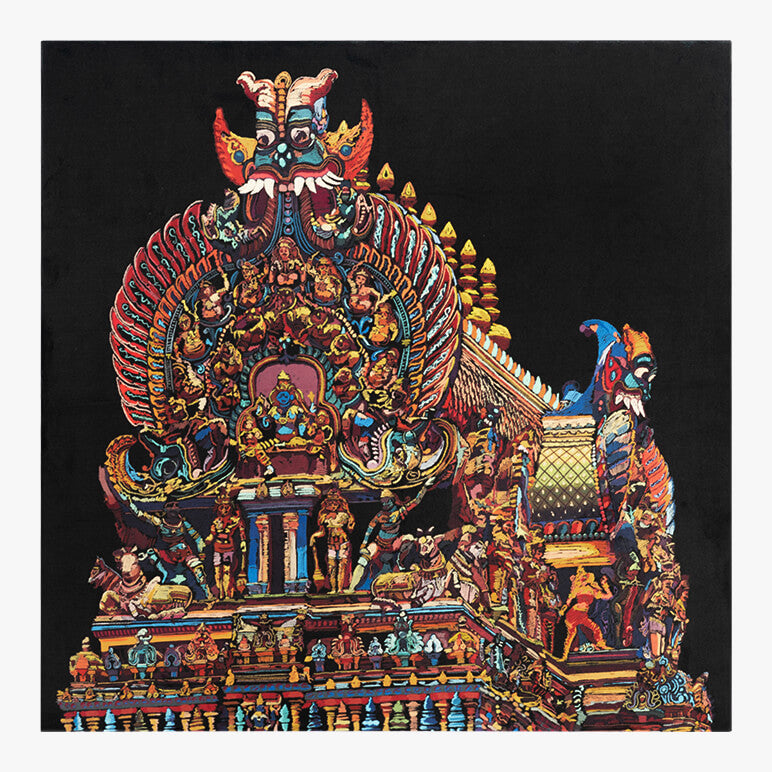 Colorful temple design on a black background
