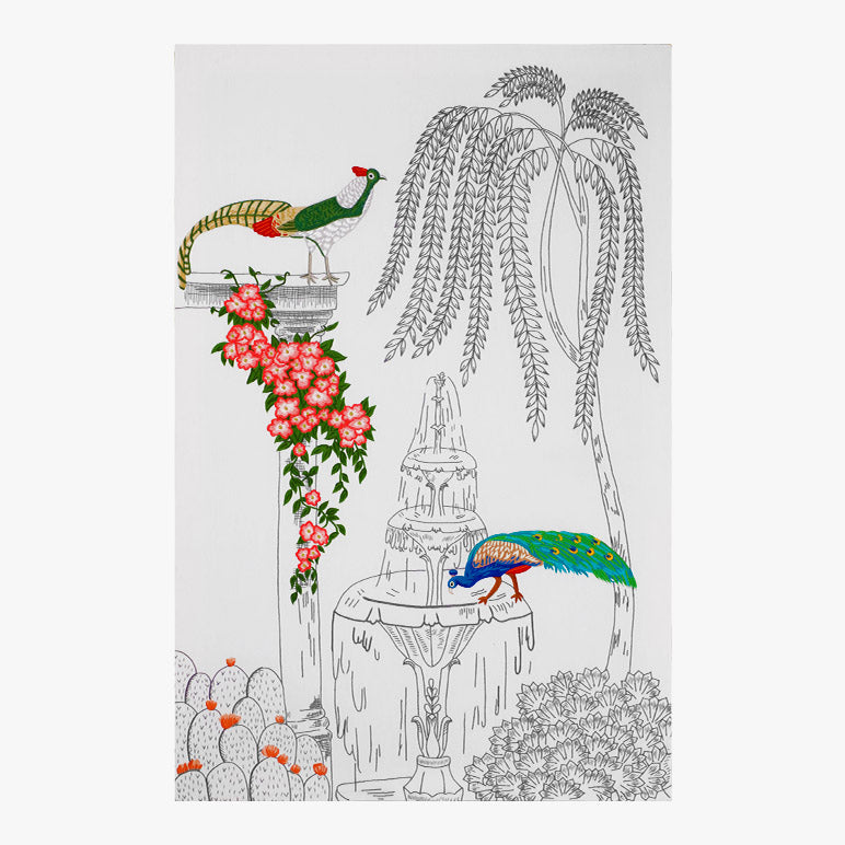 Coloring book page with peacocks, flowers, and a fountain on a white background
