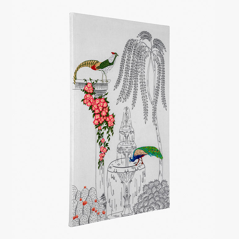 Decorative panel with a garden scene featuring birds, flowers, and a fountain on a white background.
