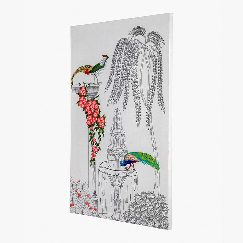 Decorative panel with peacock illustration on a white background
