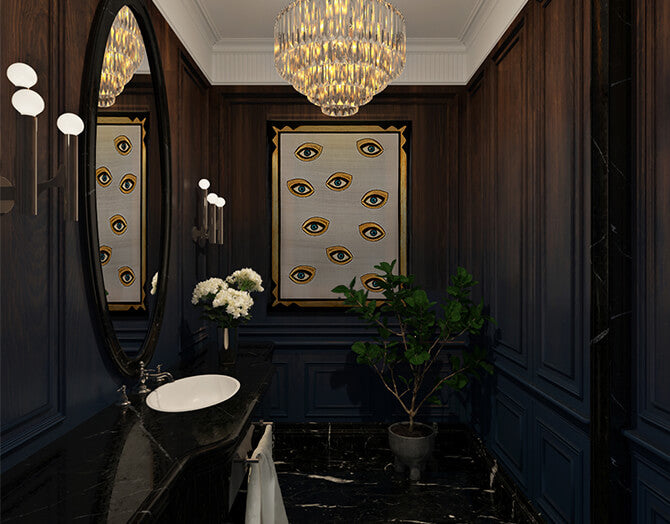 Luxurious bathroom with dark wood paneling, chandelier, and decorative wall art.