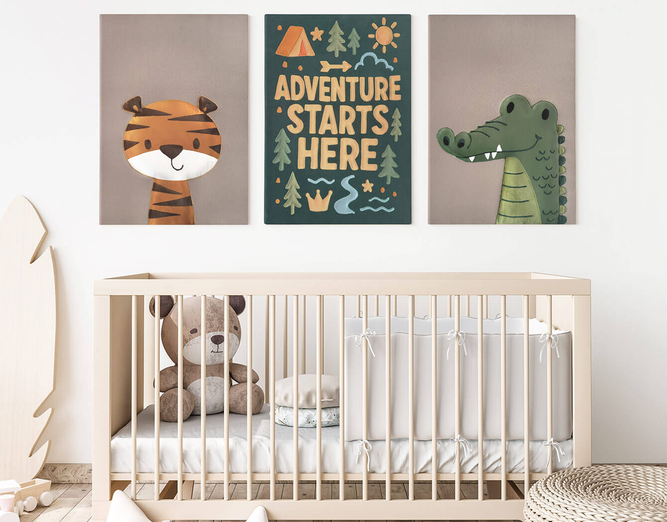 trio of three nature themed textile artworks from Underlyn's kids collection seen displayed in an organic white nursery