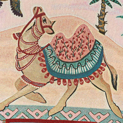 Decorative tapestry with a camel and decorative elements on a patterned background