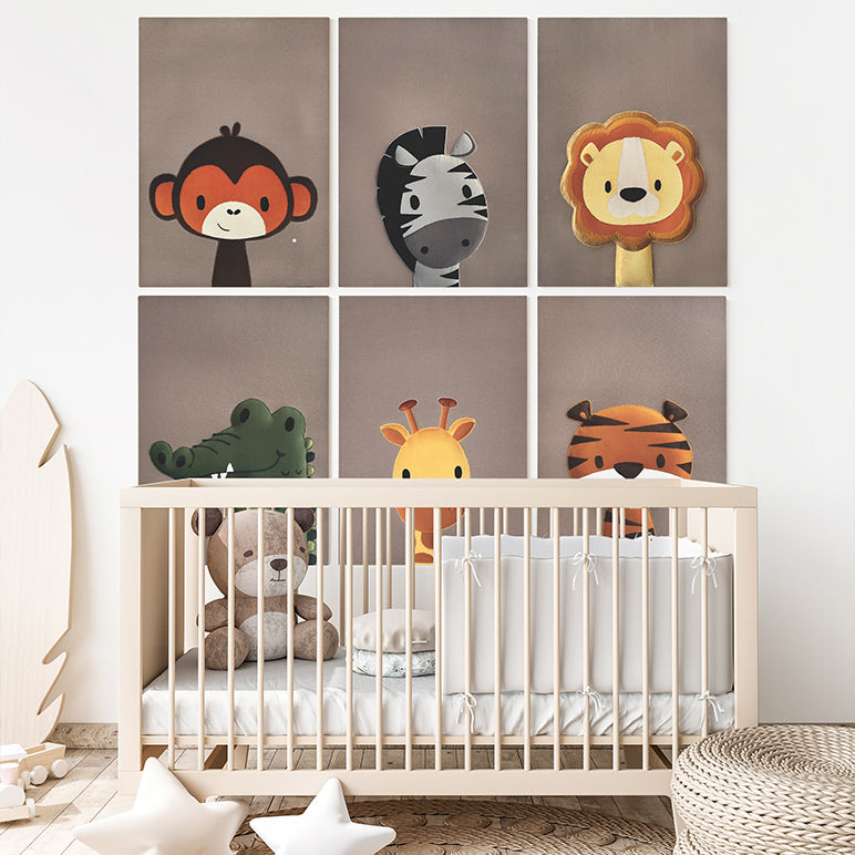 Nursery room with crib and animal-themed wall decorations