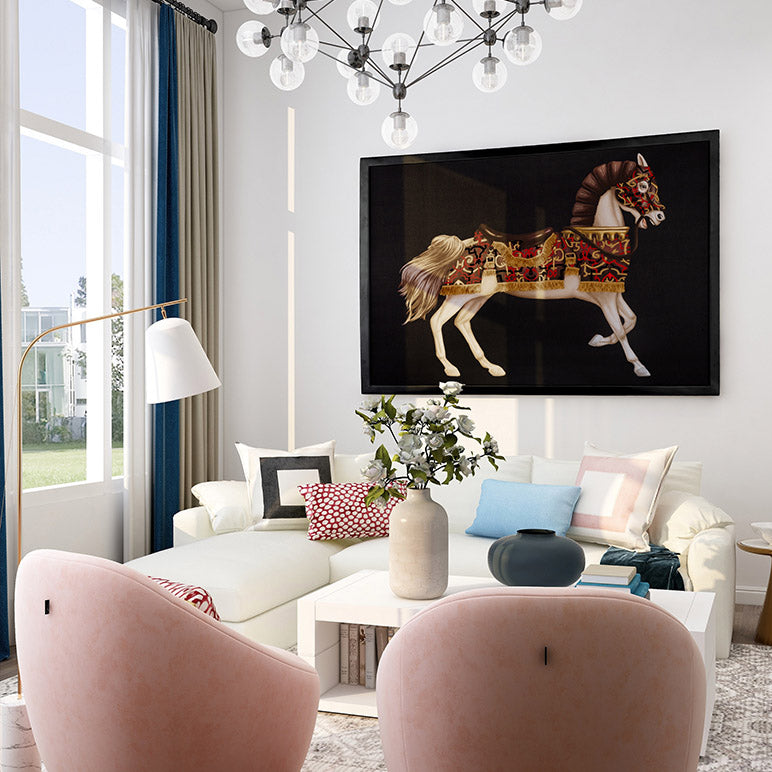 Modern living room with a horse wall art on the wall