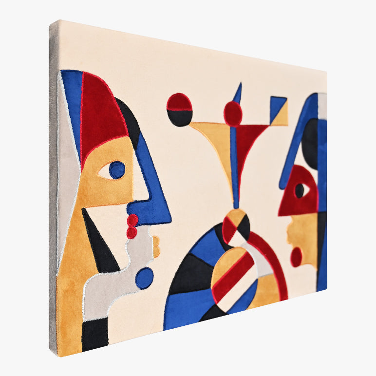 Abstract art piece with geometric shapes on a beige background