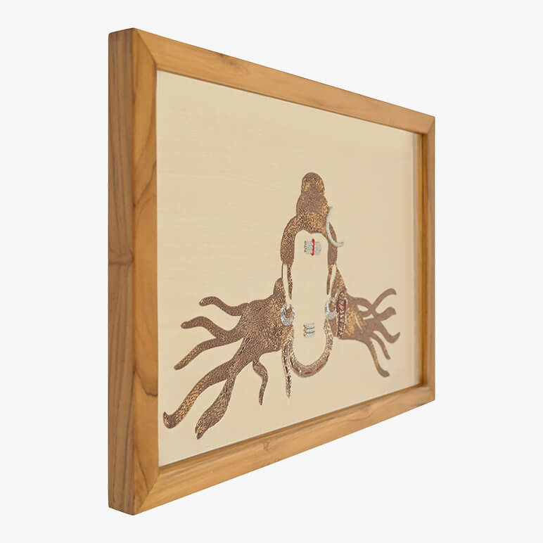 Framed artwork of a stylized octopus on a beige background