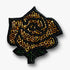 Beaded rose-shaped brooch with gold and black beads on a white background