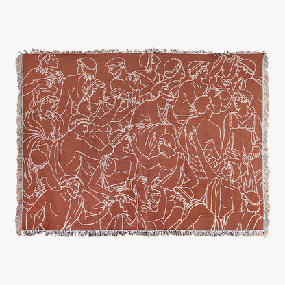 Woven designer throw blanket with ancient Greek figures on a brown background fabric