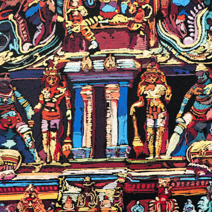 Colorful tapestry with intricate patterns and figures
