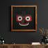 Framed artwork with a stylized face on a dark wall above a wooden console table.