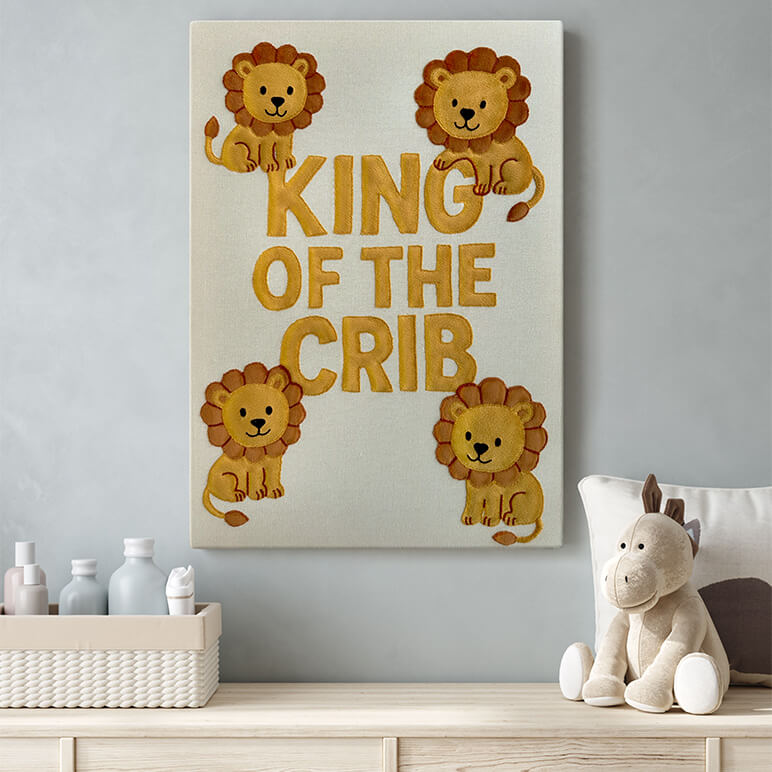 hand embroidered textile artwork as kids room wall decor featuring lions