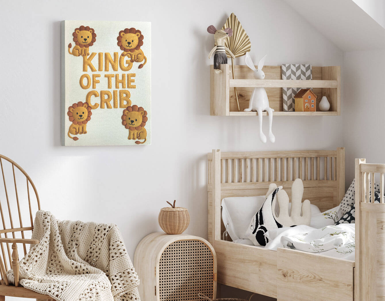 Nursery room with wooden crib, shelves, and decorative embroidered wall art featuring lions
